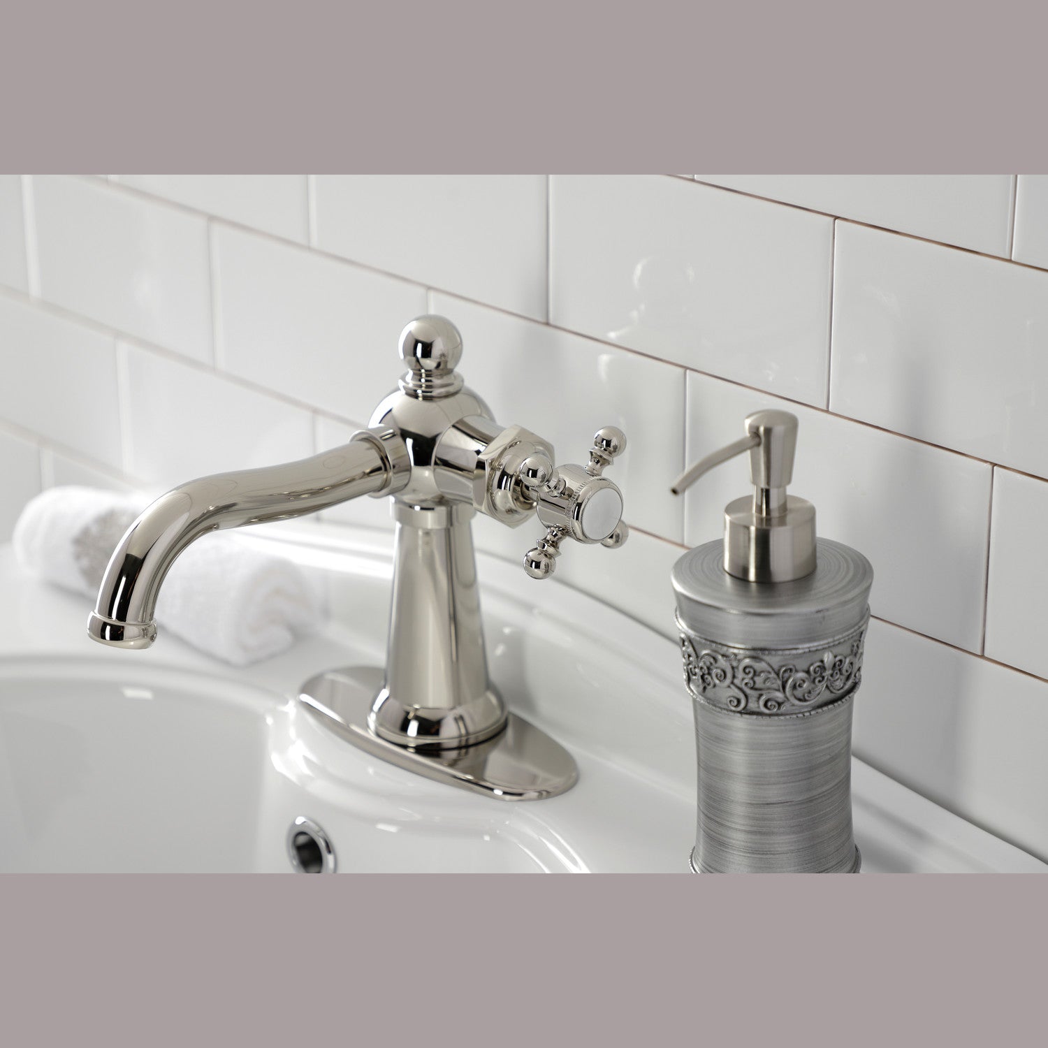 Kingston Heirloom KSD154BXPN - Nautical One-Handle 1-Hole Bathroom Faucet with Deck Plate and Push Pop-Up Drain, Polished Nickel — thumbnail 2